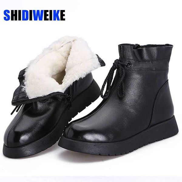 

2020 waterproof women snow boots 100% genuine leather wool platform ankle boots for women winter fur warm flat shoes ab812, Black
