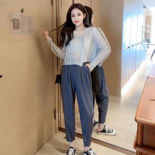 

fashion casual western style ageing two-piece suit womens long-sleeved ice silk sweater high waist suit wide leg pants, White;black