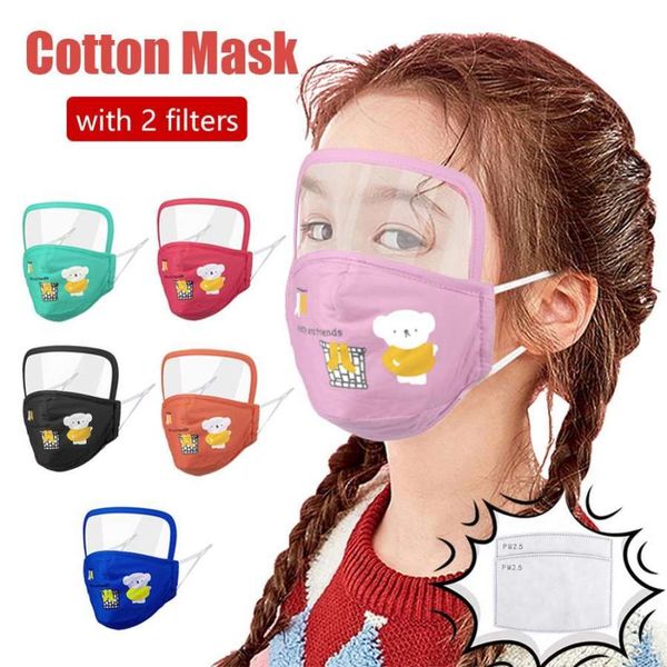 

US Stock 50 Pcs Kids Designer Face Mask With Eye Protective Shield Cartoon Bear Children Cotton Mouth Masks With 2 Filters Free Full Cover