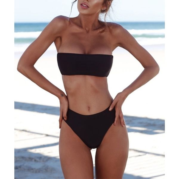 

women bikini set strapless solid bandeau push up bra swimsuit swimwear bathing swim drop shipping, White;black