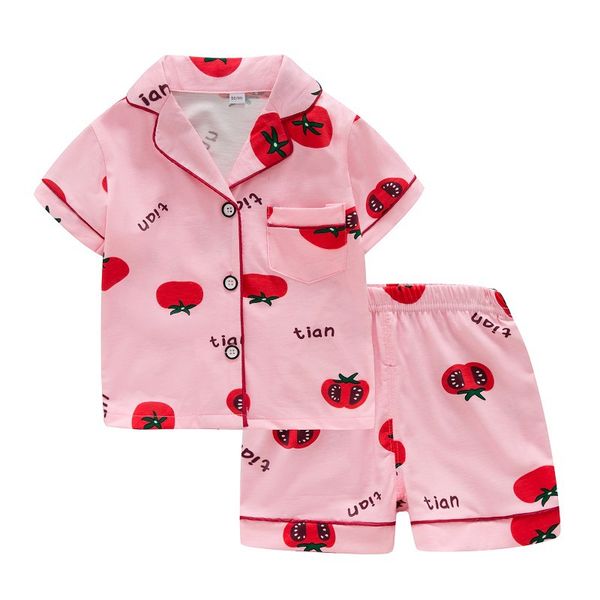 

designer new summer children's short sleep pajamas set kids cartoon tomato pajamas girls pyjamas child cotton pijamas closures, Blue;red