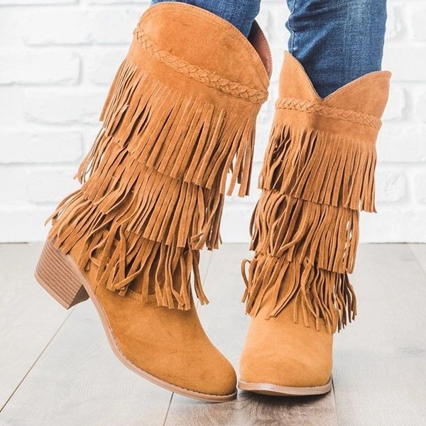 

женщина bohemian boho каблука ботинка этнические женщины кисточкой fringe замши faux кожа девушки ботильоны плоские туфли пинетки, Black