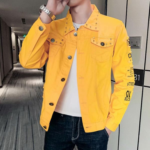 

2020 весной и осенью прохладный джинсы пальто корейского стиля для мужчин с дырками ковбой одежда trend социальная rivet куртка платье, Black