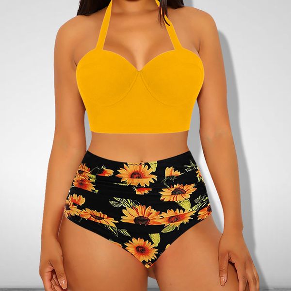 

sunflower swimsuit female string lace up bikini high cut swimwear women summer bathing halter bikini set swim suit, White;black