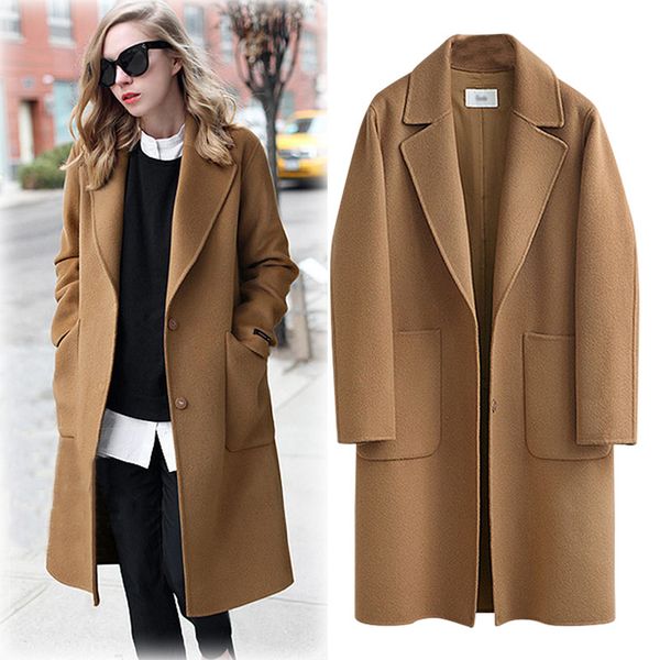 

winter coat women work solid vintage winter office long sleeve button woolen jacket coat abrigos mujer invierno abrigo muje 1003, Black