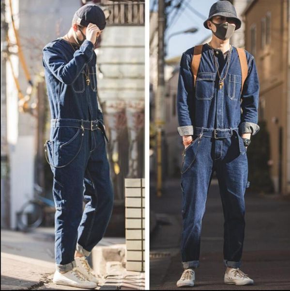 

men's pants denim coverall men jeans american style jumpsuit long sleeve loose casual washed straight tide overalls, Black