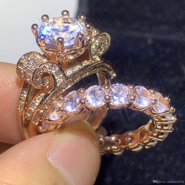 

couple rings 2pcs stunning deluxe jewelry 925 sterling silver&rose gold fill round shape white z diamond women wedding bridal ring set, Slivery;golden