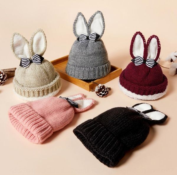 

new korean bow rabbit ear flanged cap cap knitted baby baby knitted hat velvet winter wool hat, Yellow