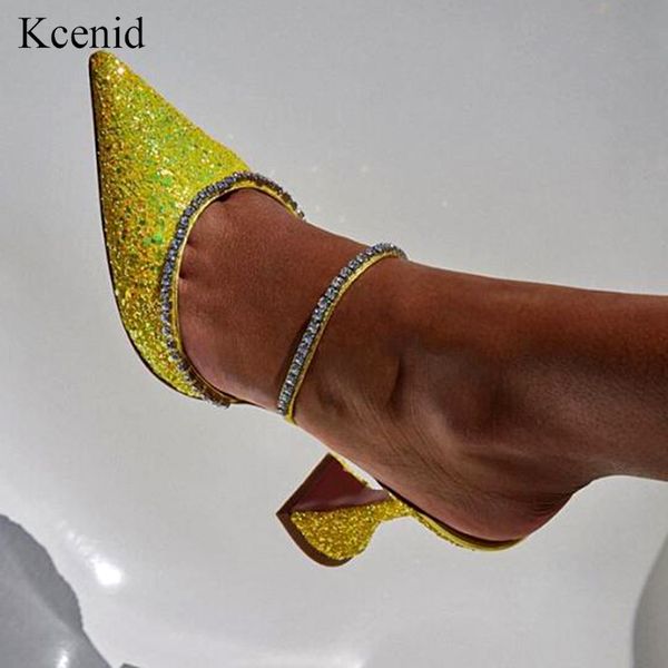 

kcenid fashion glitter crystal runway slippers women spike heel mules rhinestone strap pointed toe high heel party wedding shoes, Black