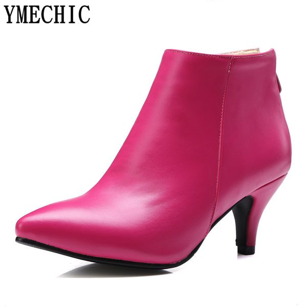 

ymechic autumn pink black beige large size shoes women high heel ankle boots concise leather lady thin med heels pumps boot