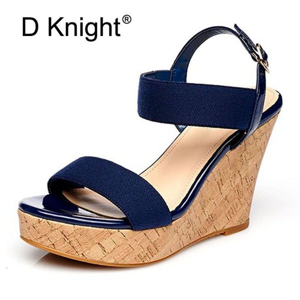 

plus size 30-43 buckle strap wedges women sandals blue beige leather gladiator platform lady shoes woman high heels sandal, Black