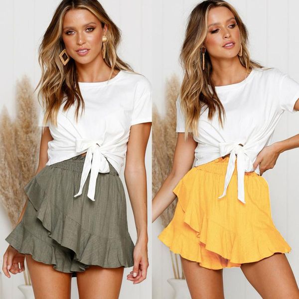 

women's shorts 2021 fashion wide leg short pants women summer green yellow ruffled elastic waist sexy, White;black