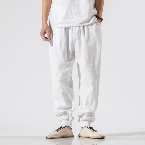 

men cotton linen casual harem pants joggers man summer white trousers male chinese style baggy pants 2020 new y2568, Black