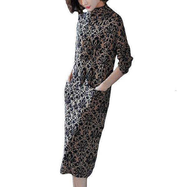 

women dress new lady elegant slim elegant pocket long sleeve printing mid claf party dress ropa mujer, Black;gray