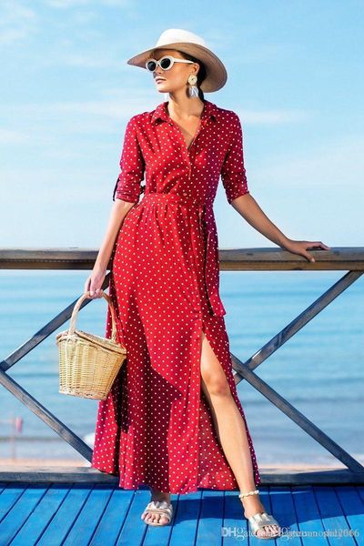 

женщины рубашки летнее платье сплит воротник стойка с длинным рукавом элегантная кнопка lady полька dot печати юбки вскользь bodycon талии п, Black;gray