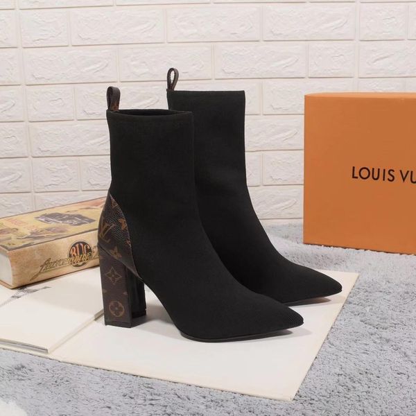 

2020e new fashion thick-heeled high-heeled ankle boots wild thick heel boots stretch knit boots socks women's boots, size: 35-41, Black