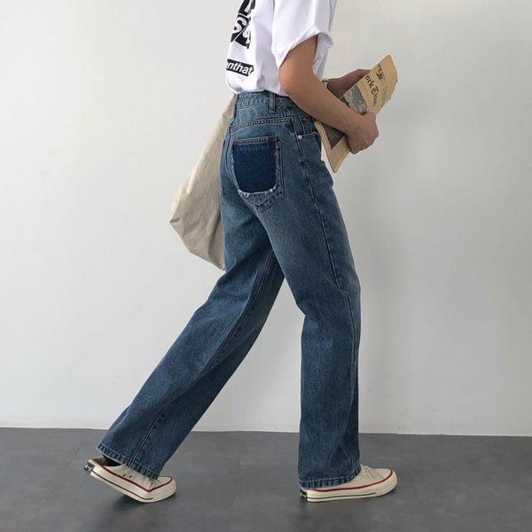 

ewq / men's wear korean style vintage color block patchwork pocket ins denim blue denim pants casual loose straight jeans 9y2658