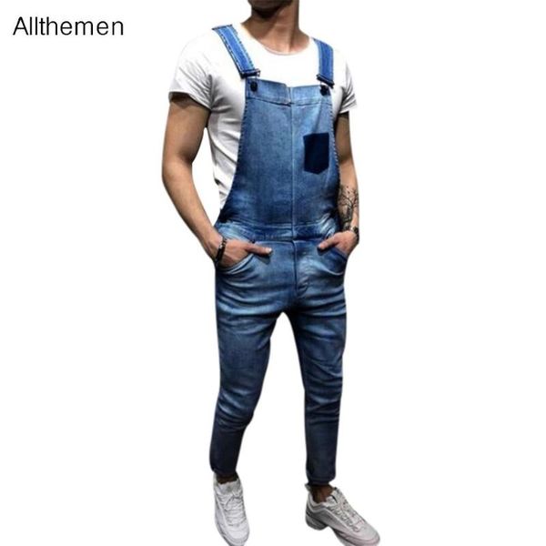 

allthemen men one piece full length suspender pants men casual slim pocket overalls denim jumpsuit ripped jeans streetwear, Blue