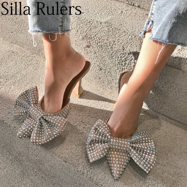 

runway bling rhinestone big bow slippers woman pointed toe cup heels sandals woman closed toe summer shoes woman 2019 y200620, Black