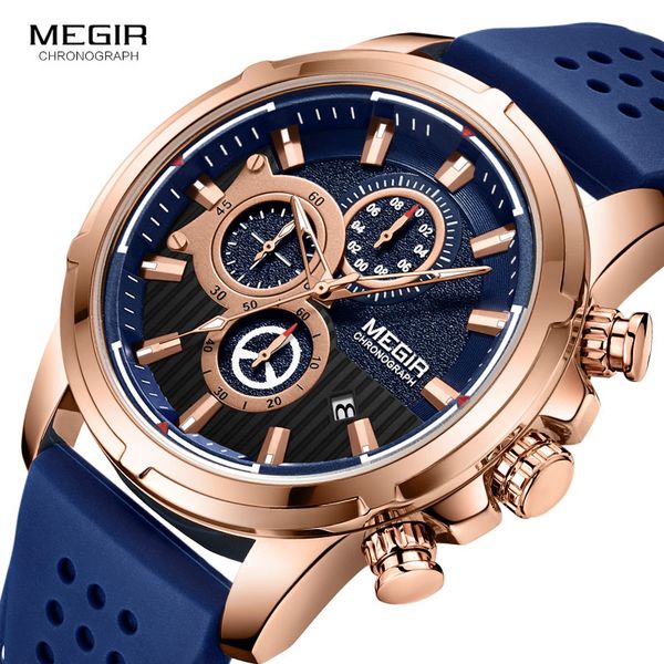 

megir quartz watches men silicone strap chronograph wristwatch man relogios masculinos clock boy 2101 rose blue, Slivery;brown