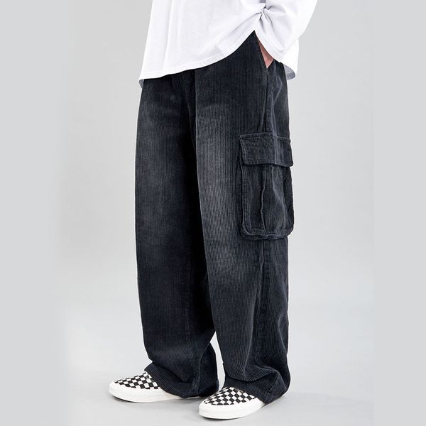 

loose straight cargo pants long trousers streetwear hip hop oversize pants japan elastic waist vintage corduroy casual men male, Black