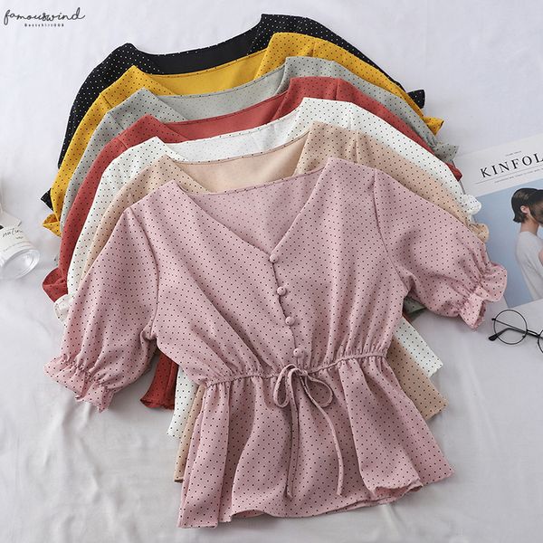 

chic women chiffon shirt kawaii polka dot butterfly sleeve summer shirt 2020 korean casual v neck ladies button lace up shirt, White