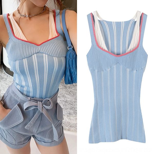 

new blue fake two-piece knitted female 20v collar outside fashionable inner vest vest cover sleeveless top, Camo