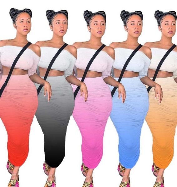 

neck ruched two piece sets new women summer clothing gradient color 2 piece dress for women slash, White