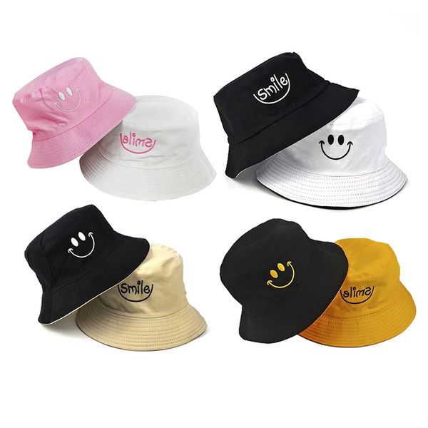 

smile embroidery bucket hat double sided bucket hat smiling face fashion bob cap hip hop gorro men summer caps, Blue;gray