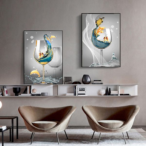 

modern abstract art ocean landscape in wine glass canvas painting wall art pictures for living room home decor (no frame