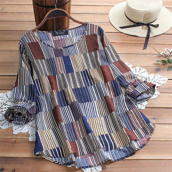 

women baggy tunic long sleeve v neck casual loose plaid 2020 boho summer lady vintage clothes plus size l 5xl, White