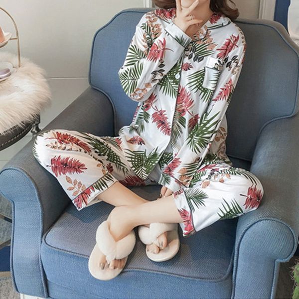 

женщины две пьесы листа отложной воротник женщины повседневная homewear дамы пижамы набор женщины цветочные напечатанных женские пижамы set, White