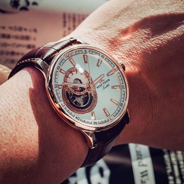 

reef tiger/rt skeleton casual watch for men black dial automatic analog watch leather strap tourbillon wrist watches rga1639, Silver