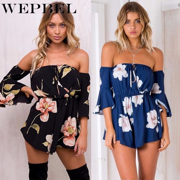 

wepbel print off shoulder jumpsuit backless collect waist women rompers overalls fashion summer trumpet sleeve playsuit, Black;white