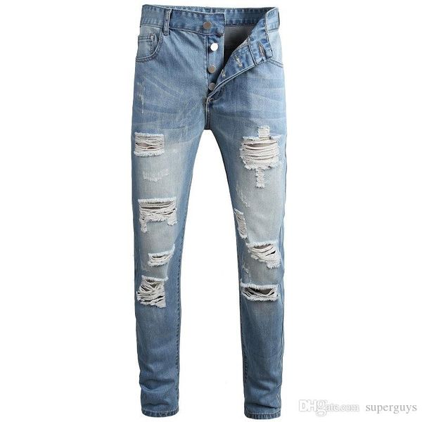 

men distressed ripped jeans fashion pants moto biker jeans regular straight denim blue jeans hip hop streetwear pants