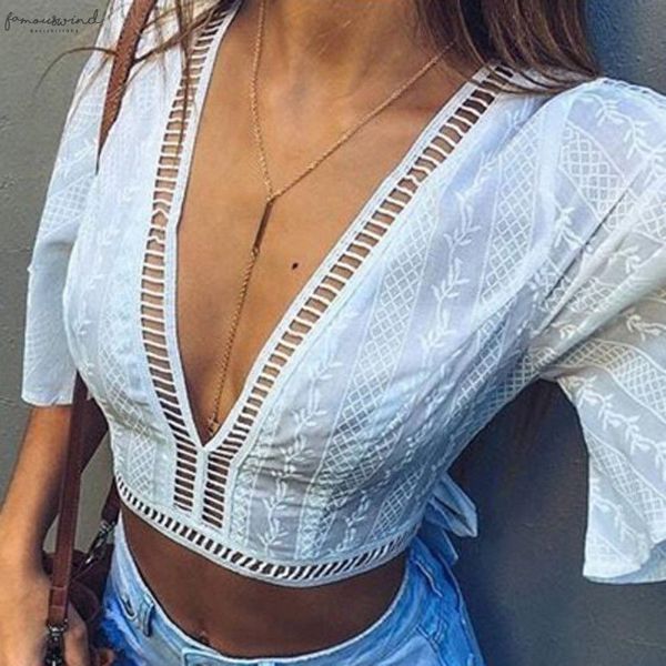 

2020 new womens ladies fashion v neck crop solid white flutter sleeve summer hollow out lace back bow frill trumpet sleeve