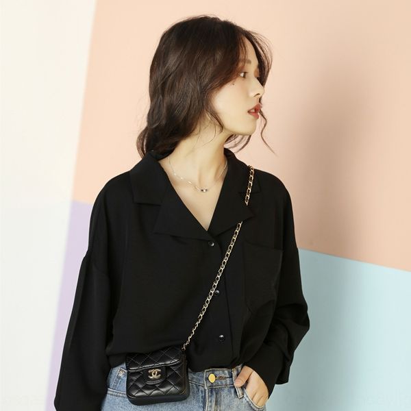 

korean style loose profile solid color single-breasted lapel long sleeve shirt women's simple casual pocket shirt trendy, White