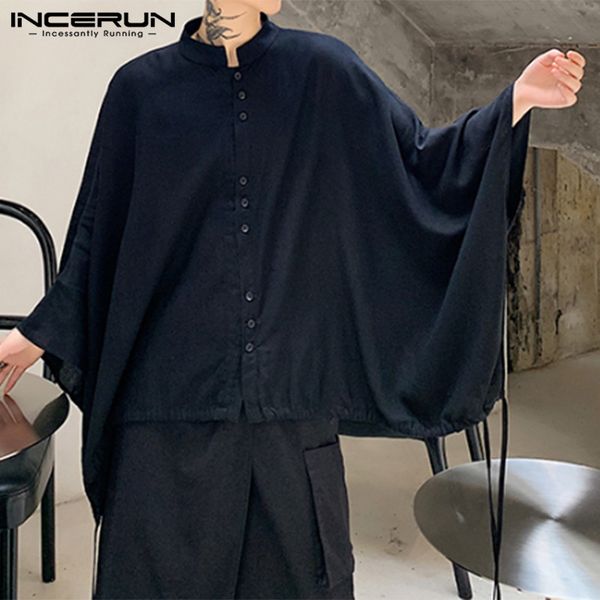 

incerun men shirt cloak cape 2020 solid color stand collar drawstring button casual fashion loose chic streetwear camisas 7, White;black