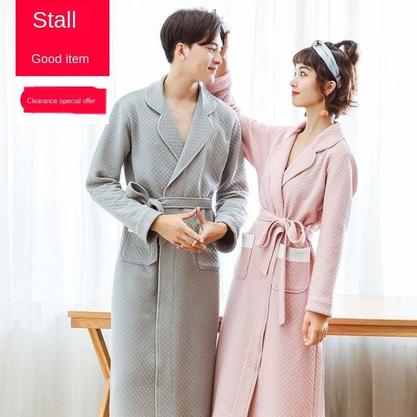 

lgdan cotton-padded couple air layer nightgown men's and women's long-sleeved cotton bathrobe home clothes fabric lace-up bathrobe, Black;brown