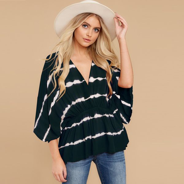 

womens spring summer 3/4 sleeve fashion print casual v neck elastic waist blouse tshirts, White