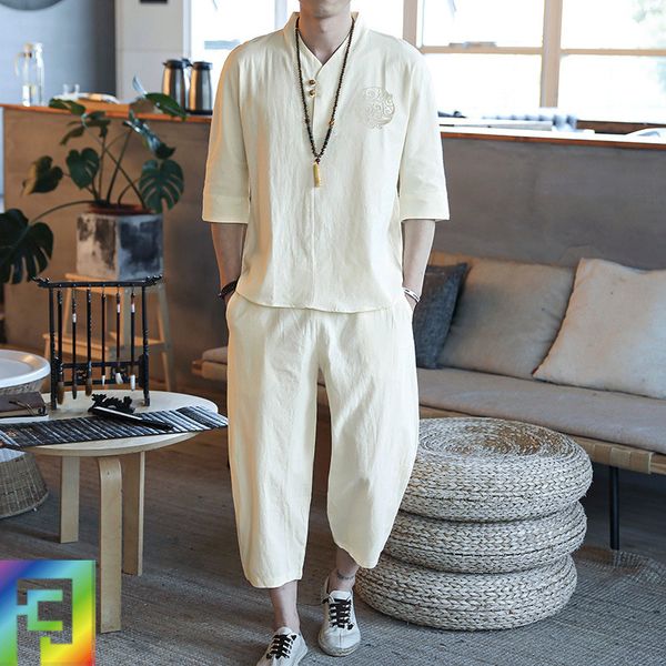 

yoga outfits 5xl summer men sport suit linen retro quickly dry loose sweatshirt+sweatpant jogger exercise casual workout gym running set, White;red