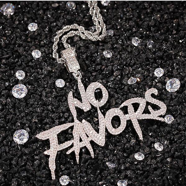 

14k iced out no favors pendant necklace bling micro pave cubic zirconia simulated diamonds letters 3mm 24inch rope chain, Silver