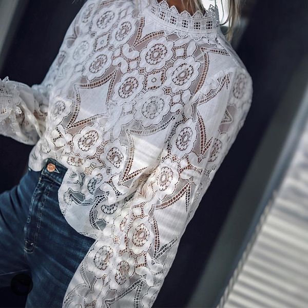 

women white lace blouse shirts ladies hollow out long sleeve stand collar and blouse fashion new club party