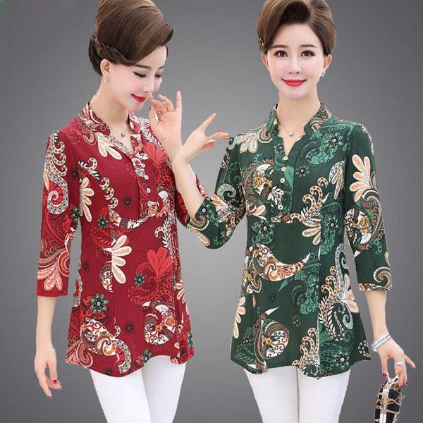 

female office lady long sleeve middle-aged women mother spring autumn summer shirt stand collar three quarter sleeve blouse, White
