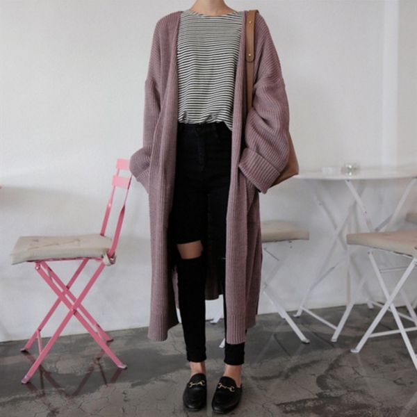 

2020 korean chic mid-length curling solid color lazy coat sweater loose knitted long sleeve sweater coat for women, White;black