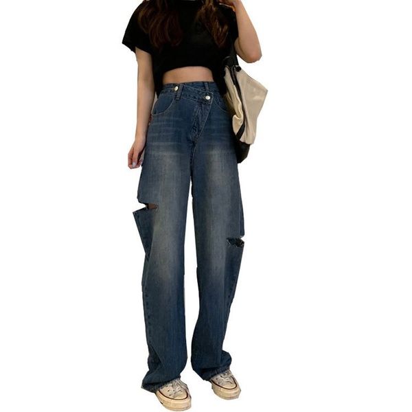 

women's jeans spring and summer irregular ripped high waist slimming straight loose fashion casual trendy for women, Blue