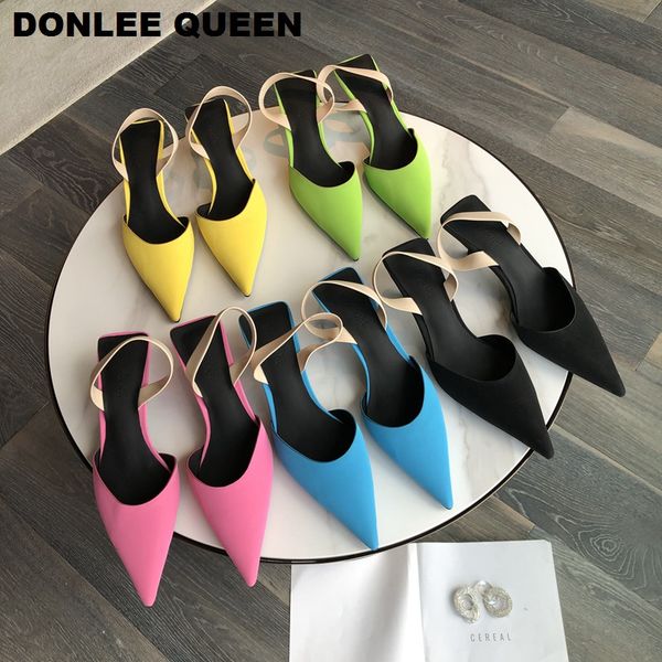 

fashion thin heels sandals shoes women pointed toe slingback sandals for women party shoes slip on mules candy color pumps mujer, Black