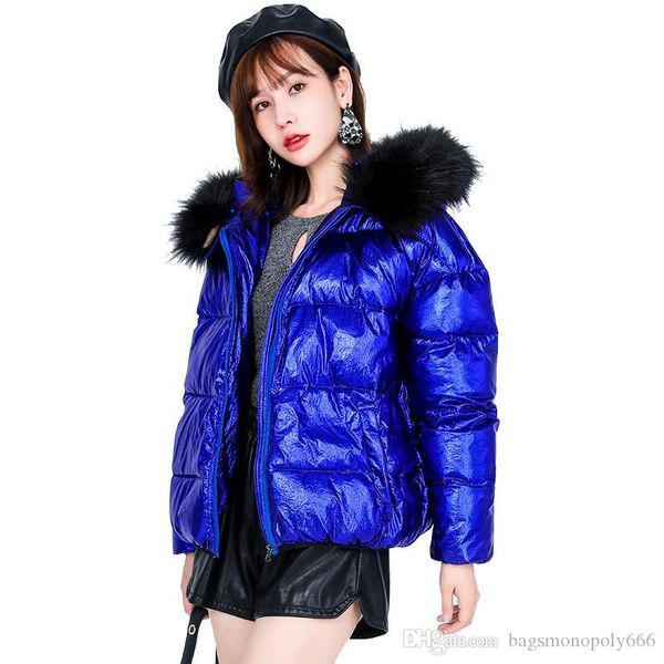 

winter fashion casual leisure warm thick bright hair collar hooded ladies coat loose pearl cotton doudoune femme, Black