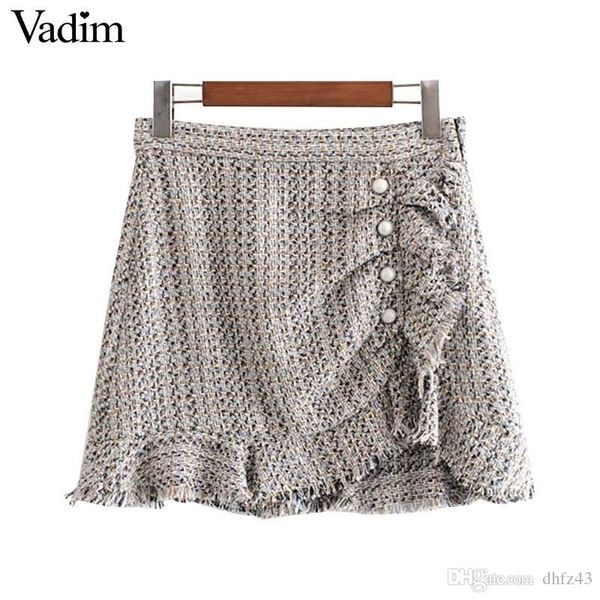 

hj women chic tweed mini skirt ruffles pearl button decorate irrgular design side zipper vintage female casual skirts, Black