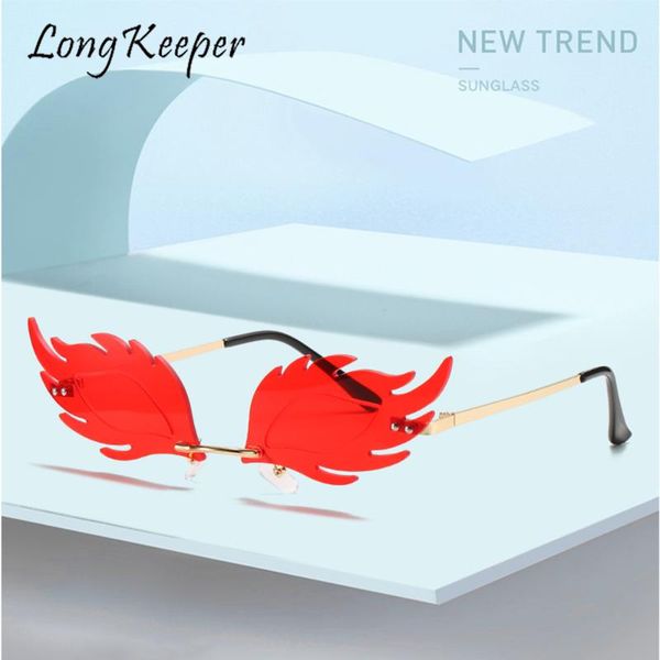

2020 luxury fashion fire flame sunglasses women rimless wave eyewears for vintage women mirror sun glasses, White;black